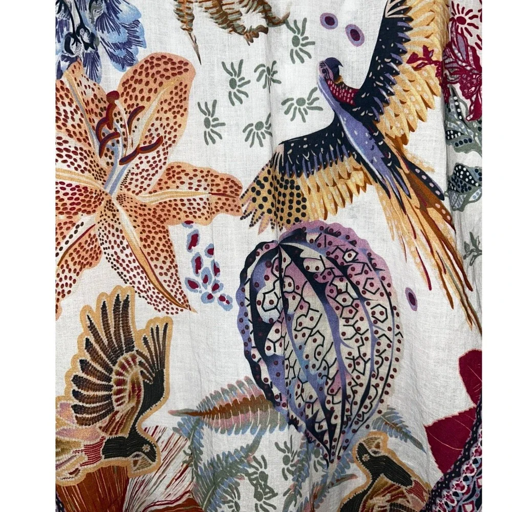 J. Jill White Multi Printed Stamp Scarf Bird Floral Botanical Square Fringed